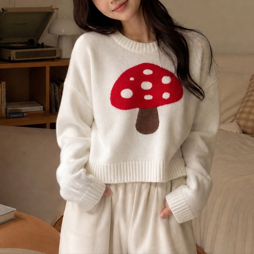 Moon & Madison Cream Mushroom Knit Sweater Size S Cozy Graphic Pullover